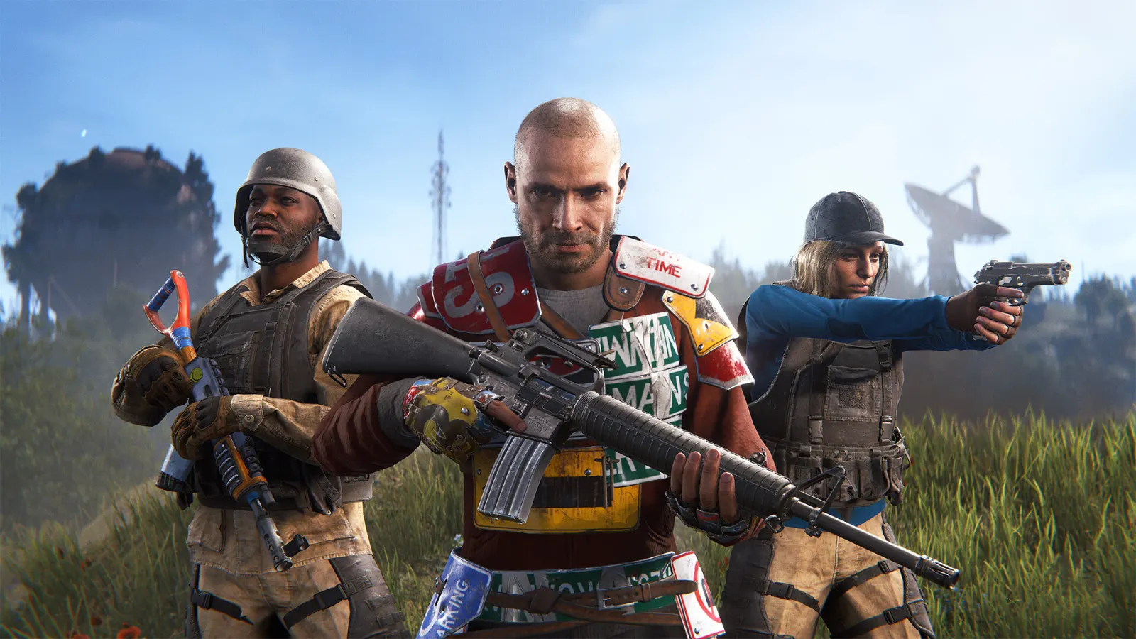 Three armed Rust survivors in mismatched clothing standing together in an open grassy field
