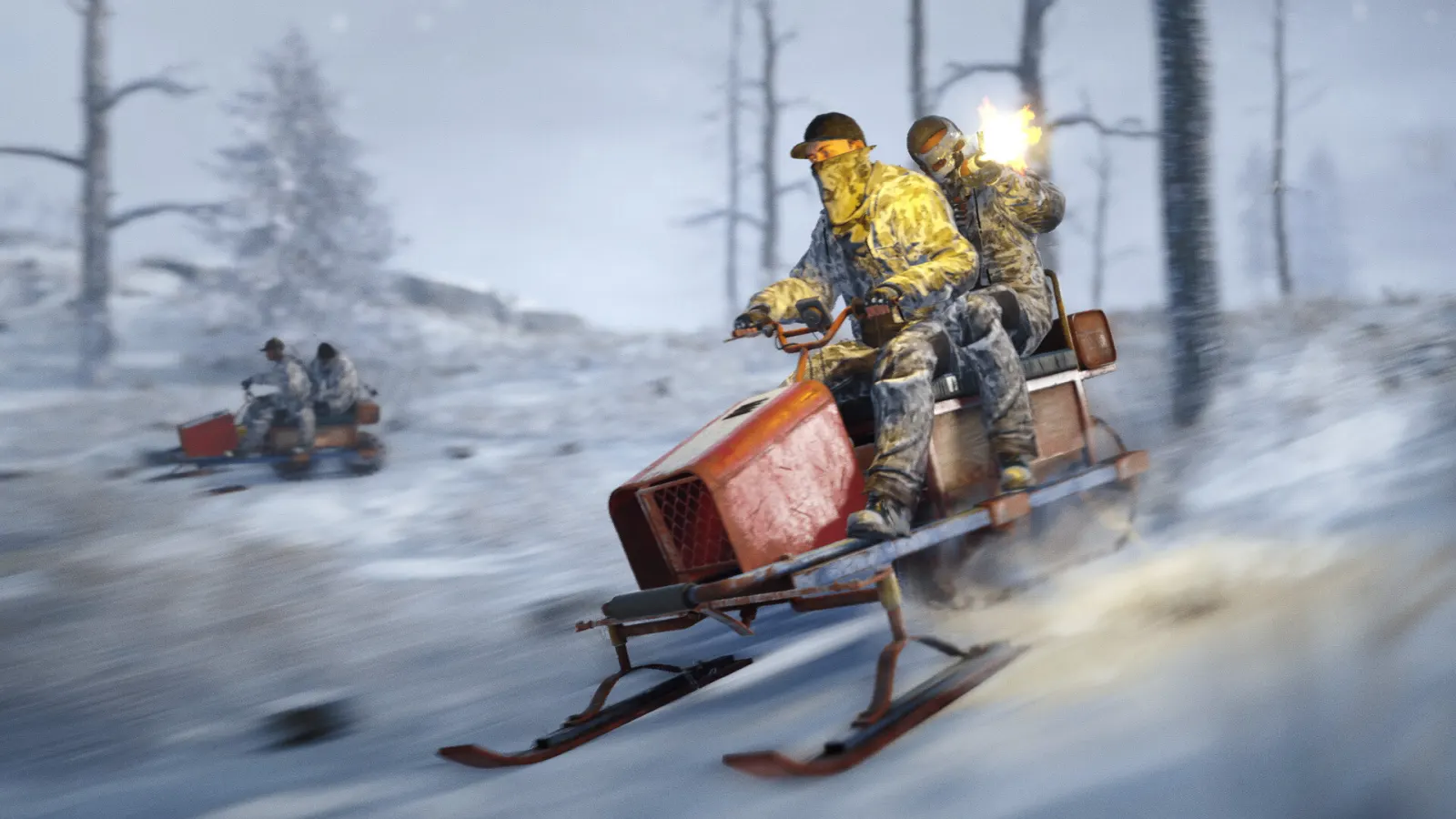Dois jogadores de Rust correndo de snowmobile por uma floresta nevada
